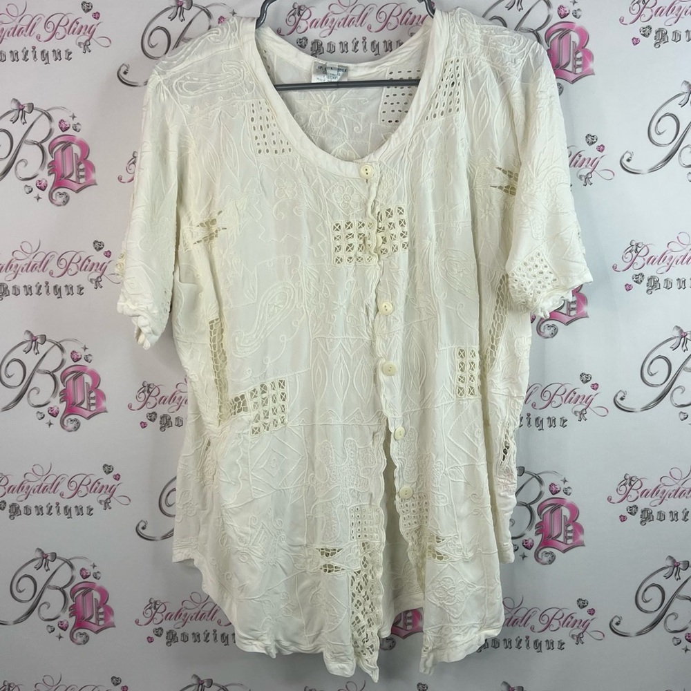 Jp. Collection button up vintage embroidery Elegant White Lace Women's Top